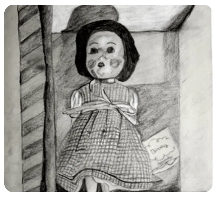 Pencil drawing of a doll in a shadow box