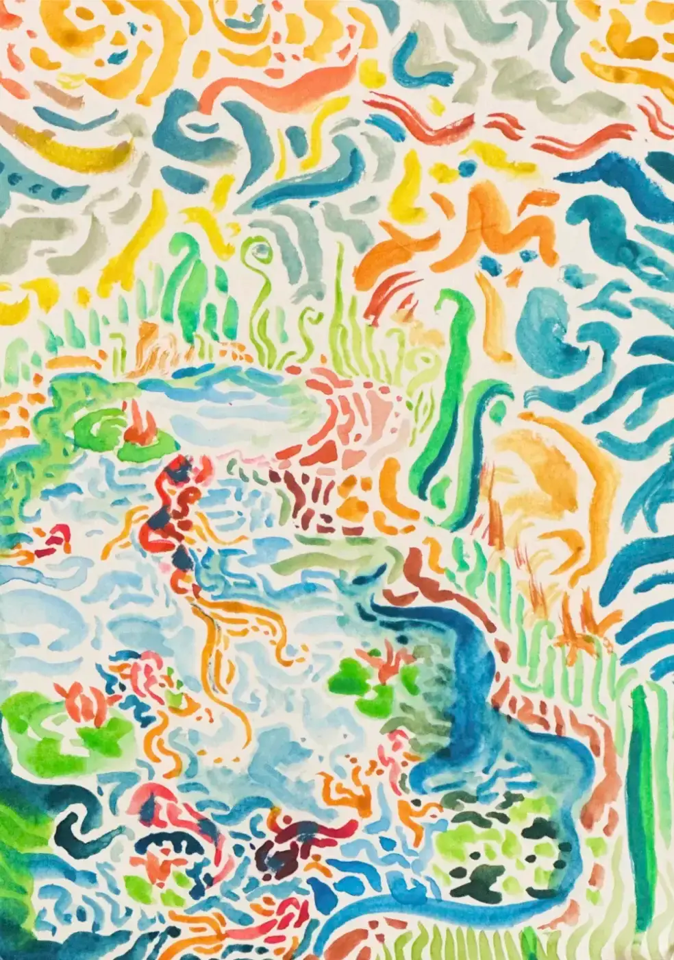 Watercolor of koi fish in a summer stream, 'Koi in August'