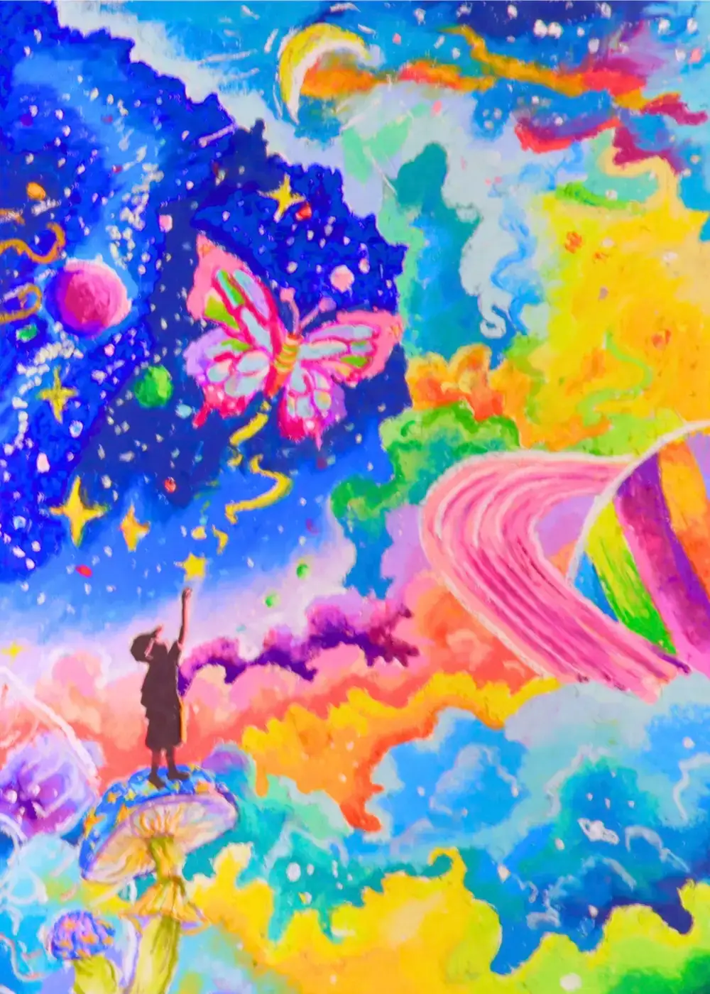 Painting of a child reaching for a butterfly in a cosmic dreamscape, 'The Cosmic Adventuring Boy'