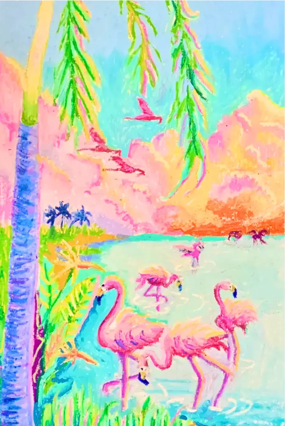 Painting of flamingos beside a palm tree, 'When The Flamingos Go To Flamenco'