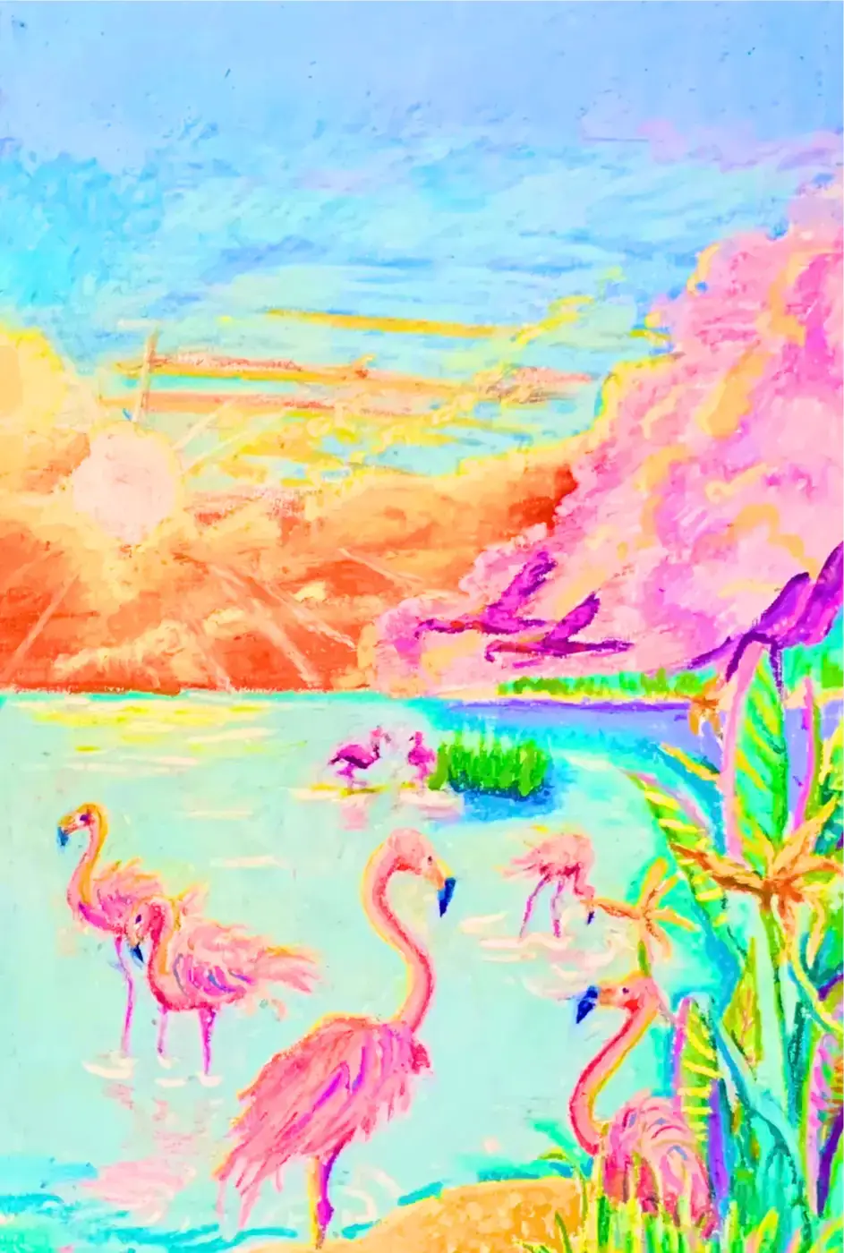 Painting of flamingos at sunset, 'I Tango Instead'