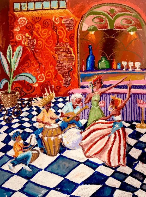Painting of dancers and musicians in a warm terracotta bar with a blue checkered floor, 'Old San Juan'