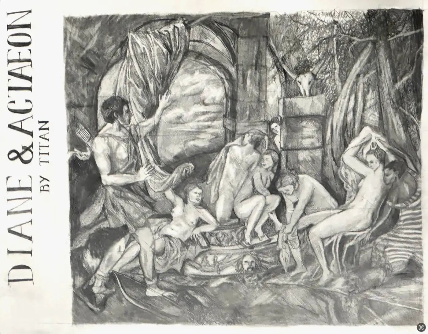 Diane and Actaeon, charcoal study after Titian